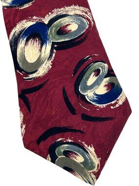 Park Avenue Italian Silk Tie Vtg Abstract Swirling Circles Burgundy Handmade 59”